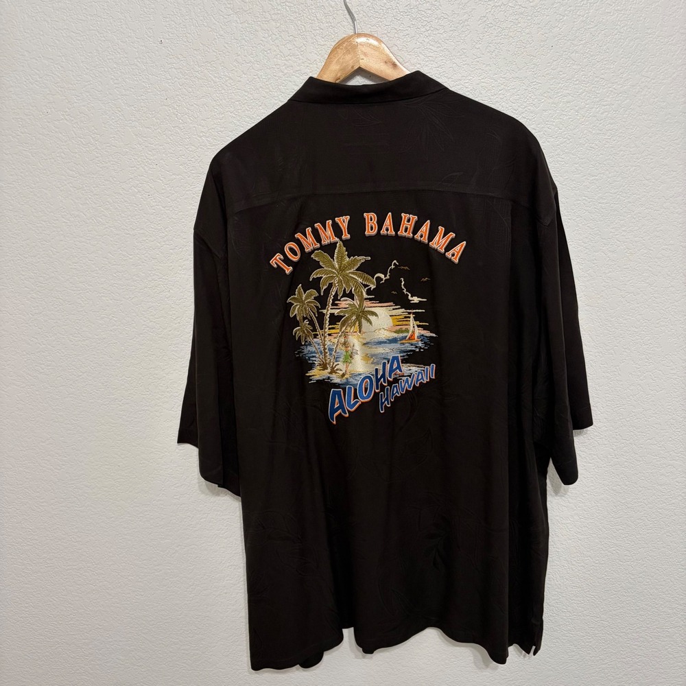 Tommy Bahama Mens 2XT Black Silk Aloha Hawaii Embroidered Camp Shirt Jacquard - Picture 6 of 7